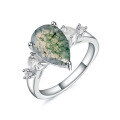 wholesale S925 Sterling Silver Unique Natural Moss Agate Ring, 3-Carat Pear Drop Shape with Green Moss Inclusions-0-4