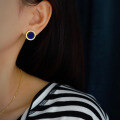 wholesale S925 Sterling Silver Gold-Plated Natural Royal Lapis Lazuli Large Round Stud Earrings, Circular and Minimalist-0-3