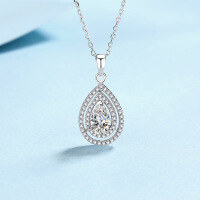 wholesale 925 Sterling Silver Pear-Shaped Moissanite Necklace for Women, Full Diamond Waterdrop Pendant, Light Luxury Minimalist Collarbone Chain for Live Broadcast Wholesale-Zircon/5x8 pear shape>925 silver