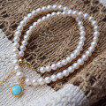 wholesale Original sterling silver with natural freshwater pearl swan neck necklace, near-round with luster, paired with ocean jasper necklace-0-0
