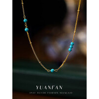wholesale S925 Sterling Silver Vintage European American Turquoise Geometric Bead Choker Necklace for Women-A3279-Gold 925 Silver