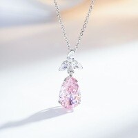 S925 Silver Teardrop Pendant with Aquamarine, Yellow & Pink Diamonds, HW Three-Diamond Necklace Wholesale-Light Pink - XL082  925 Silver