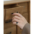 wholesale S925 Sterling Silver 2210 Korean Version Ins Style Geometric Square Black Onyx Inlaid Knuckle Ring Pinky Ring for Women-0-2
