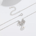 wholesale S925 sterling silver runaway princess full diamond bow pendant women's pearl necklace elegant design collarbone chain with engraving-0-3