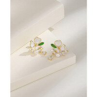wholesale 925 Sterling Silver Camellia Pearl Earrings for Women, Enamel Zircon Flower Earrings, Small and Exquisite, High-End Sense Ear Accessories-Gold earrings with plastic earplugs  925 silver