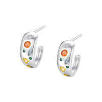 wholesale S925 Sterling Silver French-style Light Luxury Earrings with Inlaid Color Zircon, Women's Versatile Small Design Hollow Geometric Minimalist-E4526-White Gold 925 Silver
