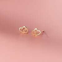 wholesale S925 Sterling Silver Korean Style Hollow-Out Small Heart Stud Earrings with Light Beads, Model M01499-S925 silver gold pair 925 silver