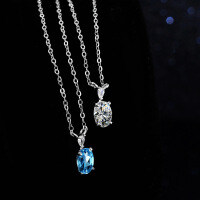 Sterling Silver Natural Blue Topaz Moissanite Necklace Pendant-Set with white moissanite  925 silver