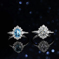 Sterling Silver Natural Blue Topaz Moissanite Ring, 1 Carat Full Diamond Oval Halo-0-4
