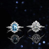 Sterling Silver Natural Blue Topaz Moissanite Ring, 1 Carat Full Diamond Oval Halo-Inlaid with blue topaz  Adjustable opening