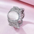 wholesale Silver Metal Natural Hydrolite Ring, 8*10mm Pigeon Egg Cabochon High Ice Gemstone, Row of Diamonds, New Chinese Style-0-2