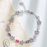 wholesale 925 Sterling Silver CT-010 Original Design Pink Crystal Five-Flower Bracelet with Colorful Zirconia, Versatile and High-End Wholesale Bracelet-Sterling Silver Flower Bracelet>925 Silver