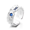 wholesale S925 Sterling Silver Tin Foil Texture Wrinkled Accent Blue Zircon Open Ring Ins Light Luxury Style Elegant Band-0-4