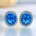 wholesale [: ] Stunning Aquamarine Color High Carbon Diamond Earrings Set with 8*10mm Oval Cut, Ins-Style Women's Earrings by Mu Jing Jewelry-0-7