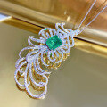 wholesale 925 Silver New Style 10*12 Simulated Emerald Feather Brooch Pendant with Luxurious Prong-Setting and Enclosed Back Design-0-1
