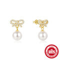 wholesale 925 Sterling Silver Hot-Sale Personalized Diamond Bow Pearl Stud Earrings, Korean Style-0-0