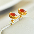 wholesale 925 silver gold-plated certificate new Chinese-style red agate chalcedony earrings with ingot metaphysical wealth-attracting earrings gift-0-0