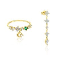 wholesale S925 Sterling Silver Long Fringe Flower Colored Zircon Earrings And French Fashion Ring Set For Women-Single two-piece combination 925 silver