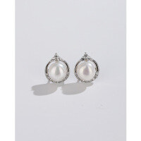 wholesale 925 Sterling Silver Freshwater Pearl Ear Studs Flat Round Light Luxury High-End Elegant Earrings for Women, Minimalist Summer Ear Accessories-Freshwater Pearl Earrings with Plastic Earplugs 925 Silver