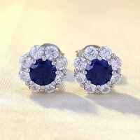 wholesale S925 silver new small and delicate 50-point versatile flower bud earrings elegant and fashionable ear studs-E348 Blue Diamond>925 Silver