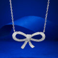 wholesale Metal: 925 Sterling Silver Bow Ribbon Necklace Pendant for Women, Classic Minimalist Fashion Style, Fully Diamond-Covered Choker-0-0