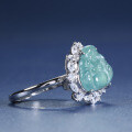 S925 Silver Adjustable Ring with Natural Blue Water Jadeite Buddha-0-2