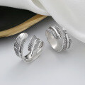 wholesale S925 Sterling Silver Retro Vintage Classic Style 3D Feather Design Adjustable Ring Unisex-0-0