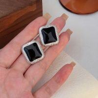 wholesale S925 sterling silver black drip enamel square stud earrings, Korean high-end custom minimalist elegant high-grade earrings-Sterling silver