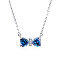 wholesale 925 Sterling Silver Double Heart Shaped Lucky Stone Zircon Pendant Bow Necklace for Women Small Collarbone Chain Ins Wholesale-Royal Blue [September]>925 Silver