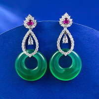 wholesale 925 silver jewelry livestream new design 20mm green chalcedony inlaid earrings, luxurious style for wealthy ladies, classic ear accessories-E483 Chrysoprase Peace Buckle Earrings>925 Silver