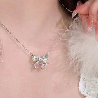 wholesale 925 Silver Light Luxury Style Micro-Paved Pink Zircon Bow Earrings Fashion Set High-End Heart Necklace-xb1320-Girls' Heart Clavicle Chain