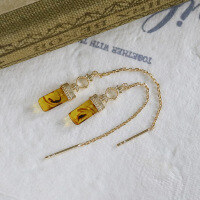 wholesale S925 silver gold-plated jewelry spring new collection swaying earrings square carved amber leaf retro-aget*same style amber earrings (the stone texture is different, please be careful if you mind!) &gt;925 silver