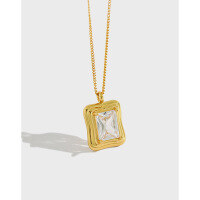 wholesale S925 Sterling Silver XL026 Korean Style INS Minimalist Geometric Square Zircon Necklace for Women, Unique and Chic Silver Chain-18K gold 925 silver