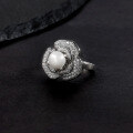 wholesale S925 sterling silver with natural freshwater pearl ring, luxurious floral design 7mm bread pearl ring-0-1