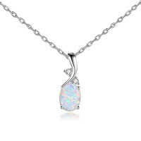 wholesale 925 Sterling Silver Opal Pendant Necklace for Women, European and American Style Temu Jewelry, High-End Feel Opal Collarbone Chain for Autumn and Winter-Platinum 00373 925 silver