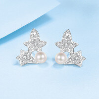wholesale S925 Sterling Silver Star Moissanite Ear Studs with Freshwater Pearl Earrings, Luxury Hot-Style Ready-to-Ship Wholesale-68 points/6-7mm bread beads 925 silver