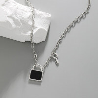 wholesale S925 Sterling Silver Korean Version Ins Small and Unique Black Resin Lock and Key Design Necklace for Women-Platinum 925 silver