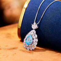 wholesale S925 Sterling Silver Full Diamond Teardrop Shape Collarbone Necklace for Women Aquamarine Wholesale-Pendant (without chain)