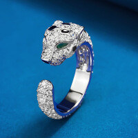 wholesale Silver-gold plated ZHUO ZHI FAN Jewelry high-carbon diamond Muzo green panther series emerald-inspired panther ring for women-K051 Leopard Ring Adjustable opening