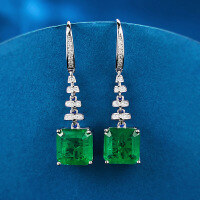 wholesale 925 Silver Plated ZHUOZHFAN Jewelry 10*10mm Simulated Emerald Cut Full Diamond Extravagant Retro Square Earrings Ear Drops-E427 Green Diamond 925 Silver