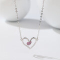 wholesale S925 Sterling Silver Niche Design Heart-Shaped Pendant Necklace for Women, Collarbone Chain with Pink Zirconia, Cross-Border New Arrival-0-0