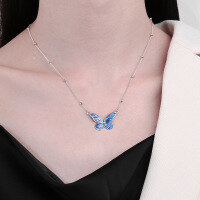 wholesale S925 Sterling Silver Splice Bead Resin Enamel Colorful Butterfly Necklace, Fresh and Sweet Collarbone Chain for Women-418L/approximately 5.2g 925 silver