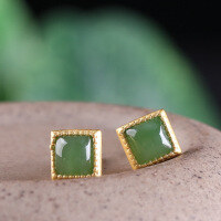 wholesale Gold-plated 925 Silver Inlaid with Hetian Jasper Minimalist Square Earrings with Certificate-Gold-plated Jasper Earrings 925 Silver