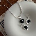 wholesale 925 Sterling Silver Heart Black Onyx Square Pendant Necklace with Twist Snake Chain for Women, Freely Combinable Sweater Chain-0-0