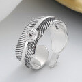 wholesale S925 Sterling Silver Retro Vintage Classic Style 3D Feather Design Adjustable Ring Unisex-0-2