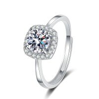 Sterling Silver Moissanite 1ct Square-Cut Ring Women's Adjustable-[Super Sparkling Zircon] 50-point Small Sugar Cube Ring  Adjustable Opening