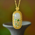 wholesale 925 Sterling Silver with Certificate Hetian Jade Pendant Enamel Bamboo New Chinese Style Vintage Necklace Hanfu Accessory-0-5