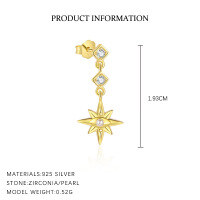 wholesale S925 Sterling Silver Long Star Moon Tassel Drop Earrings For Women, French Style Luxury With Inlaid Crystals-E4872-Gold/Single 925 Silver