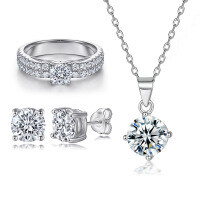 wholesale 925 Sterling Silver European and American Fashion Jewelry Set with Diamond Zircon Necklace, INS Double Row Diamond Ring, and Four-Prong Earrings for Women-Earrings TLED009 925 silver