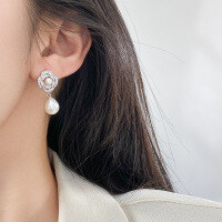 wholesale S925 Sterling Silver Minimalist Micro-Set Pearl Rose Flower Ear Clasp with Pearl Pendant in INS Style M06638-S925 silver pair 925 silver